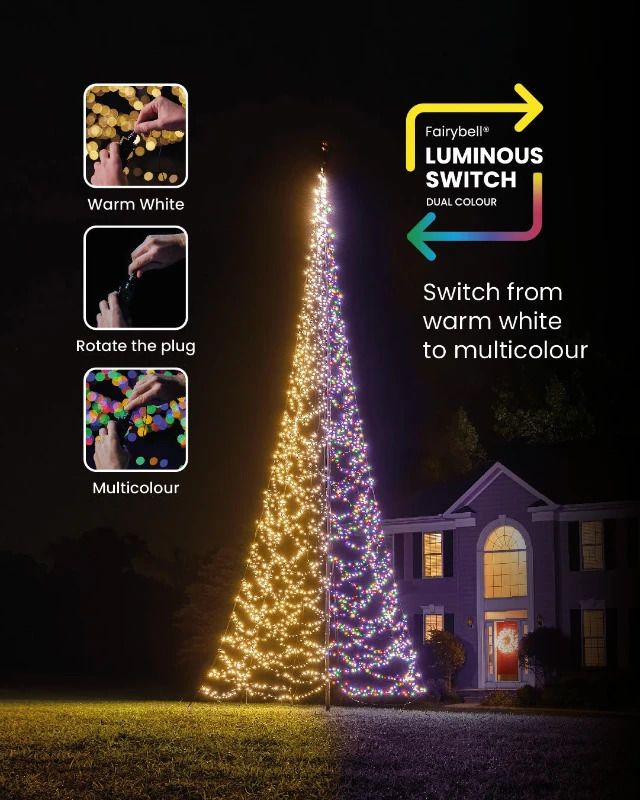 Fairybell Buitenkerstboom | 800cm 3000 LEDs | Warm Wit & Meerkleurig |LED niet uitwisselbaar | Exclusief Mast