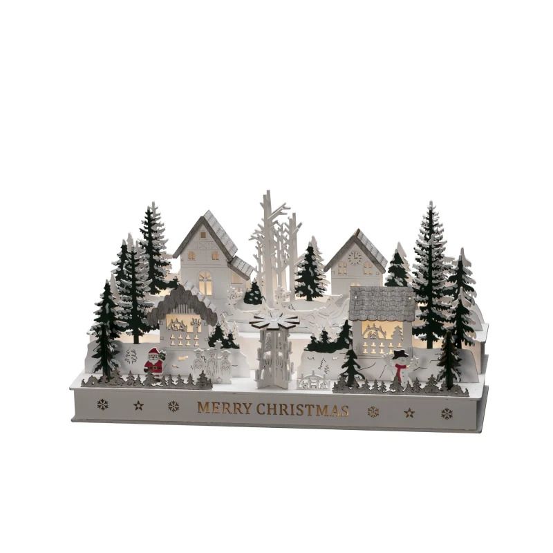 Konstsmide LED Houten Silhouet Dorp | 0.72W 12 Lichtpunten Warm Wit | 78x18.8cm | 3V Batterij of Trafo | Timer 6u | Binnengebruik