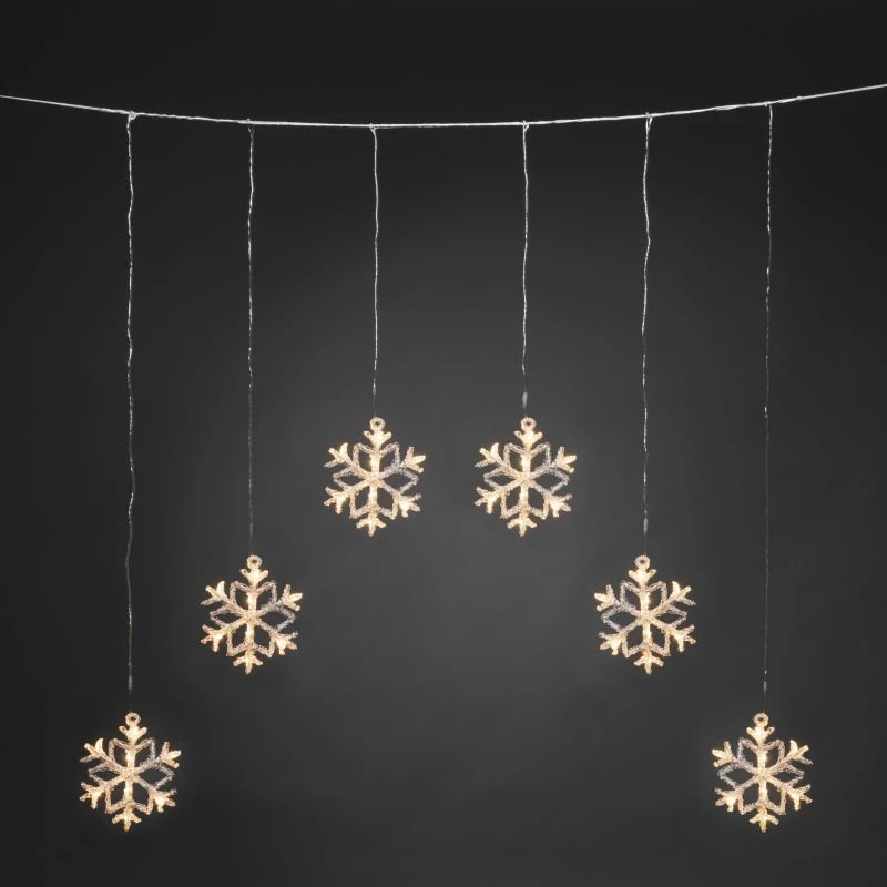 Konstsmide LED Lichtgordijn | 48 lichtpunten Warm Wit 24V | 90cm breed | 6 sneeuwvlokken | Buitengebruik | Transparant snoer | Model EF000010