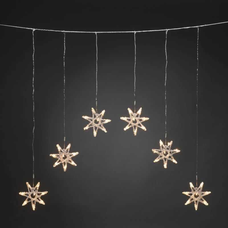 Konstsmide LED Lichtgordijn | 6 sterren, 48 lichtpunten, 0.96W Warm Wit | 24V buitentrafo | 90cm breed | snoer transparant | Geschikt voor buiten