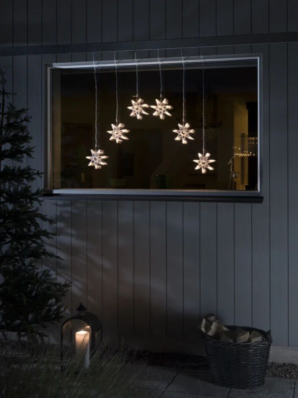 Konstsmide LED Lichtgordijn | 6 sterren, 48 lichtpunten, 0.96W Warm Wit | 24V buitentrafo | 90cm breed | snoer transparant | Geschikt voor buiten