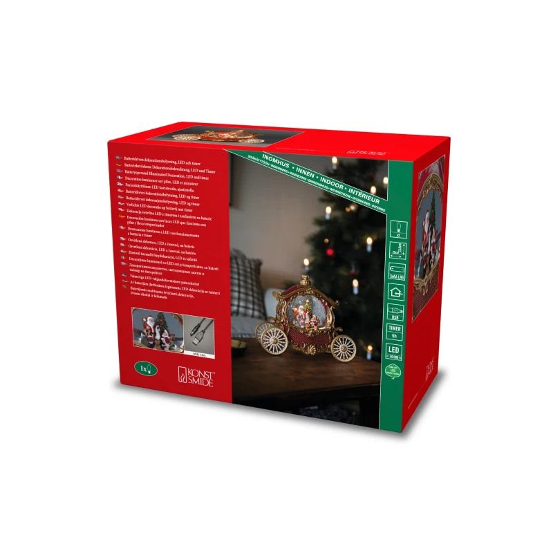 Konstsmide LED Sneeuwlantaarn Koets | 0,1W 1 Lichtpunt Warmwit | 1,5V | 22,6x26cm | Timer | Binnengebruik | Batterij/USB