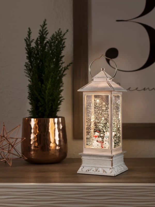 Konstsmide Decoratieve Sneeuwlantaarn | 0,1W 1,5V | Antiekwit, vierkant groot 27x10,5cm | Watergevuld, Sneeuwpoppen, Timer 5u, Op batterij | Voor binnengebruik