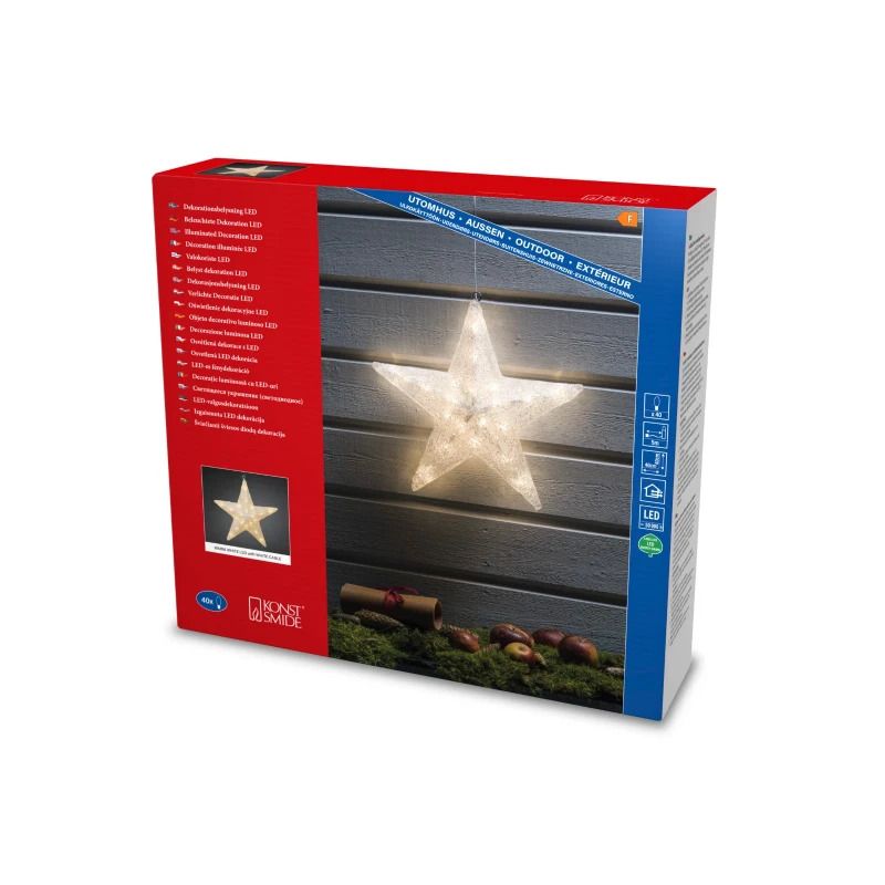 Konstsmide Acryl LED Ster | 0.8W 24V Warmwit | 40x40cm 40 Lichtpunten | Transparante kabel, 5m aansluitsnoer, voor buitengebruik, buitentrafo