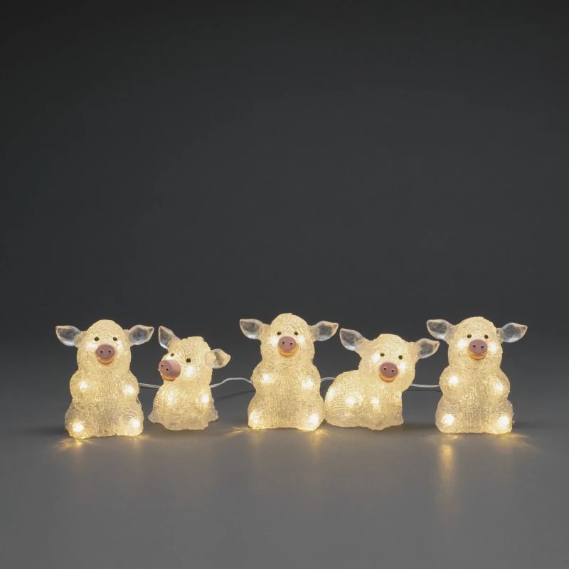 Konstsmide LED Acryl Set | 5 varkentjes, 40 lichtpunten | 0,8W 24V Warm Wit | 4m lengte, 5m aansluitsnoer, IP geschikt buiten, witte kabel