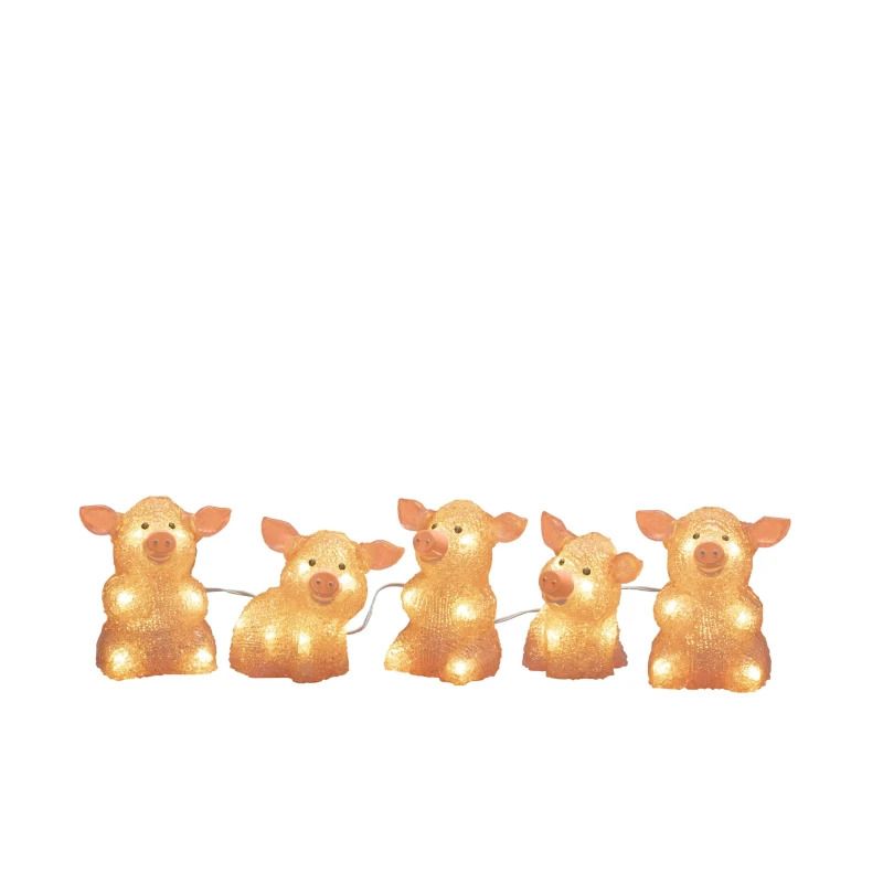 Konstsmide LED Acryl Decoratieset Varkentjes | 5 Lichtpunten 0,8W Warmwit 24V | Voor Buiten | 4m lengte | 5m aansluitsnoer | Witte kabel