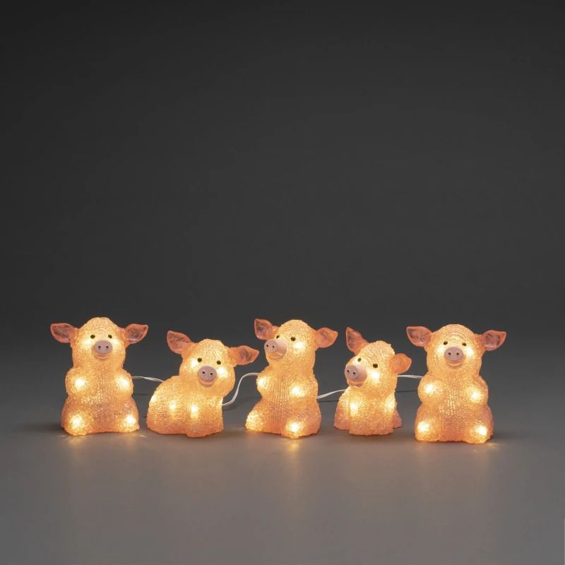 Konstsmide LED Acryl Decoratieset Varkentjes | 5 Lichtpunten 0,8W Warmwit 24V | Voor Buiten | 4m lengte | 5m aansluitsnoer | Witte kabel