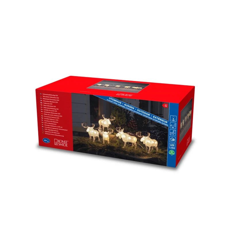 Konstsmide LED Decoratie Set | 5 Elanden | 40 Lichtpunten 1.2W 24V Warm Wit | 4m wit snoer | 5m aansluitsnoer | Buiten geschikt
