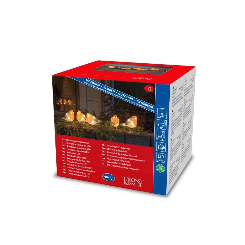 Konstsmide LED Acryl Roodborstjes Set | 1,2W Warmwit 24V | 40 Lichtpunten | 4m wit snoer | 5m aansluitsnoer | Buiten IP44