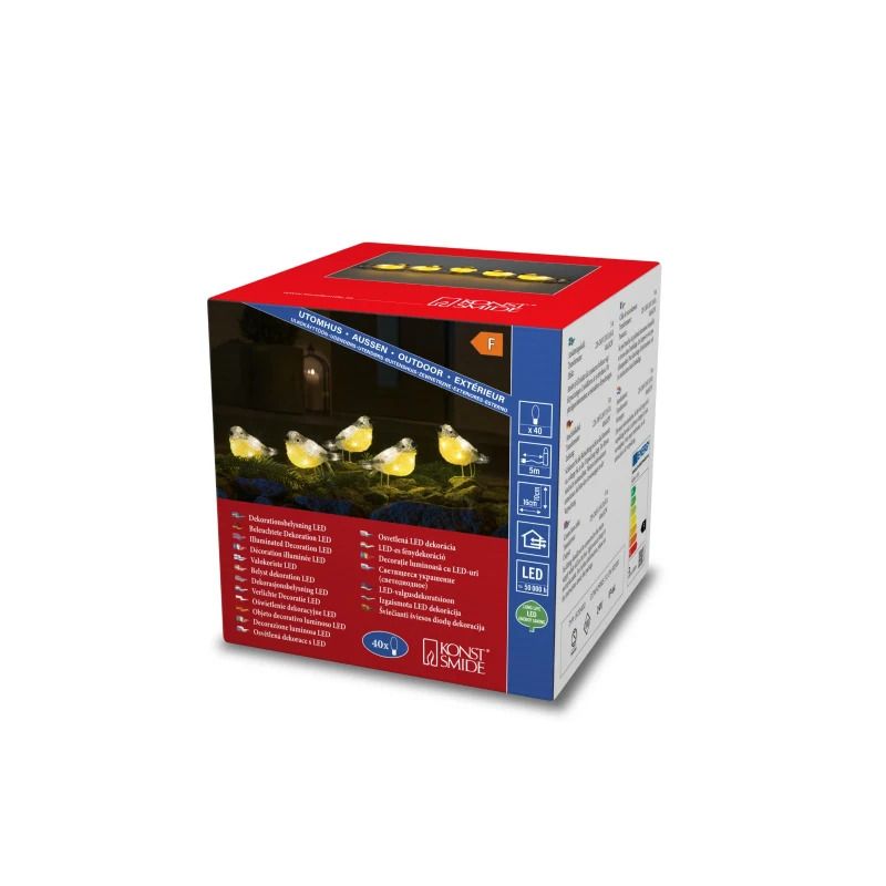 Konstsmide Acryl Koolmees Decoratieset | 5 Figuren 40 Lichtpunten Warmwit | 0.8W 24V | Buiten | 4m Snoer, Witte Kabel, 5m Aansluitsnoer
