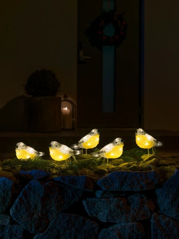 Konstsmide Acryl Koolmees Decoratieset | 5 Figuren 40 Lichtpunten Warmwit | 0.8W 24V | Buiten | 4m Snoer, Witte Kabel, 5m Aansluitsnoer