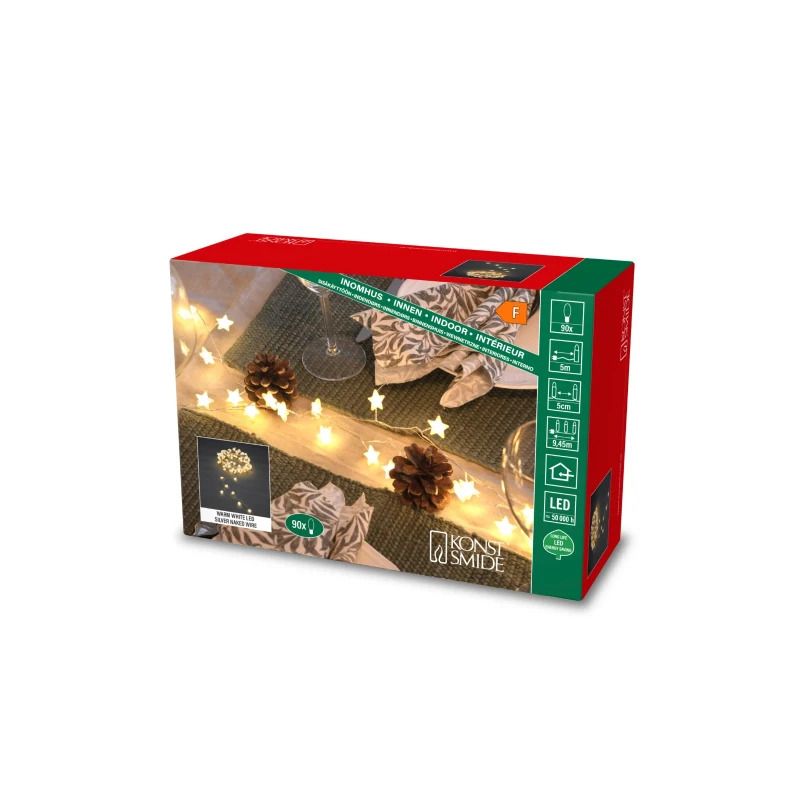 Konstsmide LED Lichtketting | 90 Lichtpunten 1,8W Warm Wit 4,5V | Zilverdraad 4,45m | 5m aansluitsnoer | Alleen voor binnengebruik